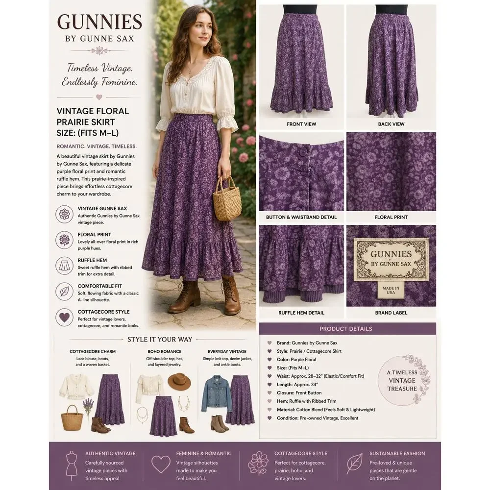 Gunnies Gunne Sax Vintage Skirt Floral Purple Ruffle Hem Prairie Cottagecore - Picture 2 of 13